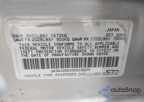 2005 Mitsubishi Lancer Es from USA, damaged, VIN JA3AJ26E65U018209